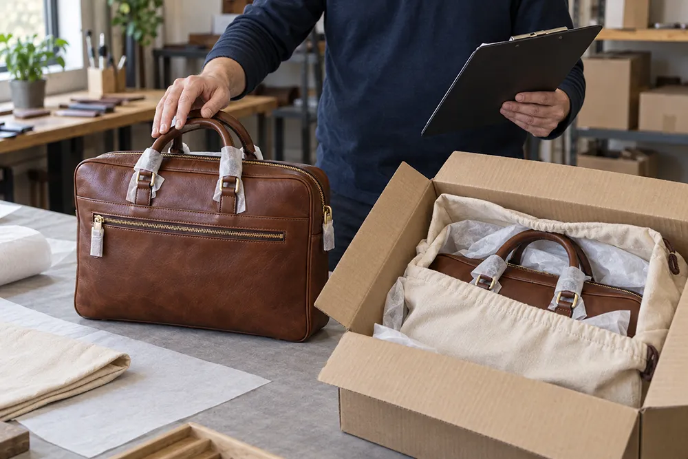 Comparison of approved stitching and an open seam on a leather bag