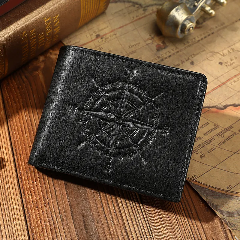 Crazy Horse Leather Wallet with Embossed Compass