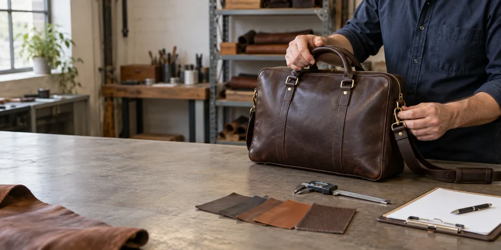 Inspector checking stitching and hardware on a leather bag