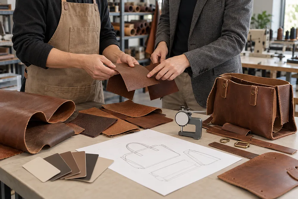 OEM buyer and leather technician confirming leather specifications for a bag