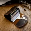 PK-127 Crazy Horse leather card holder opened to show 12 accordion slots