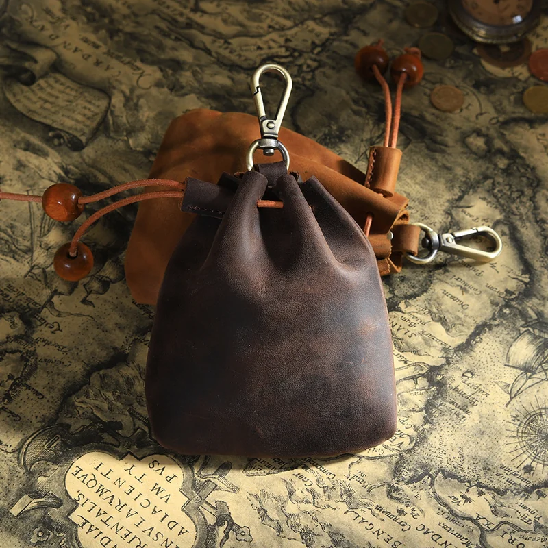 wholesale top grain leather drawstring coin pouch PL-113 in brown