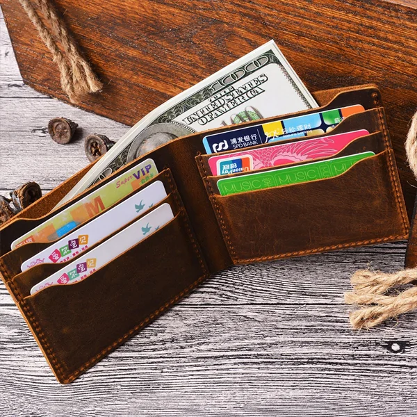Wholesale Crazy Horse leather bifold wallet PQ-102 open with cards and cash
