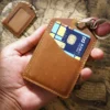 Brown top-grain leather ID badge holder PY-024 front and back views