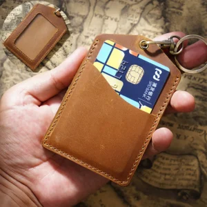 Brown top-grain leather ID badge holder PY-024 front and back views