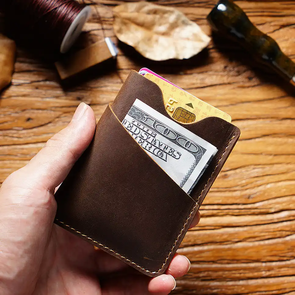 Wholesale Crazy Horse leather card holder PK-126 in brown with cash and card pockets