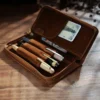 Wholesale Crazy Horse leather pen case T61 in brown holding three pens and cards