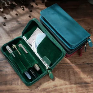 Wholesale Crazy Horse leather pen case T61 in six colors with zip closure