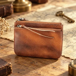 Wholesale brown leather double zipper coin bag in a vintage lifestyle setting