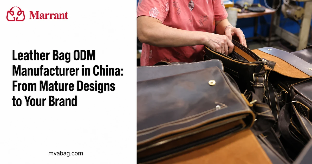 Marrant leather bag ODM manufacturer cover showing hands assembling leather bags in the factory