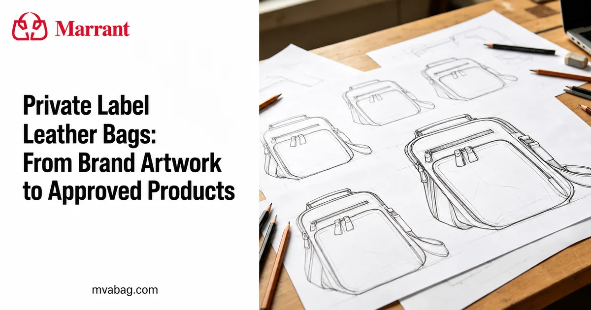 Marrant private label leather bags cover with bag design sketches on a wooden desk