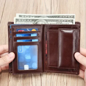 Mens leather personalized wallet 1153 open interior with card photo cash and coin storage