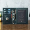 Custom leather passport holder 1368 green interior with card zipper pen and passport slots