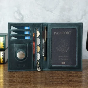 Custom leather passport holder 1368 green interior with card zipper pen and passport slots