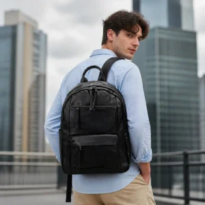 Black leather backpack style 2281 worn for business commuting