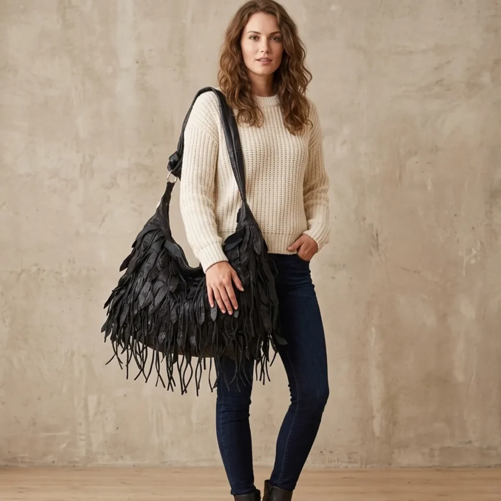 woman carrying a black genuine leather hobo shoulder bag with fringe
