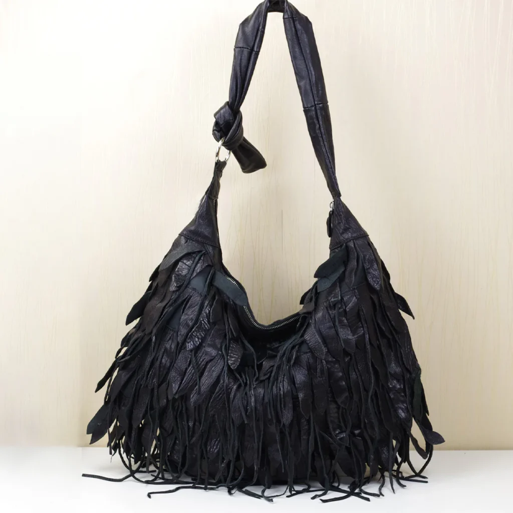 black leather hobo shoulder bag style 253 with layered fringe