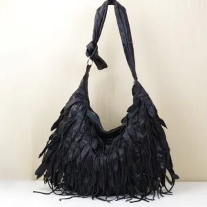 black leather hobo shoulder bag style 253 with layered fringe