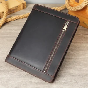 Dark Coffee wholesale leather portfolios style 3025 with exterior zipper pocket