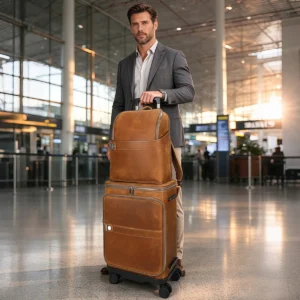 Brown cowhide suitcase and backpack set style 4162 at an airport