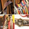 cowhide handles patchwork strips hardware and stitching details on bag 588