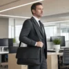 men's black leather crossbody bag style 6202 in an office setting