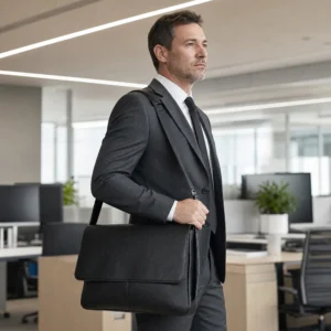 men's black leather crossbody bag style 6202 in an office setting