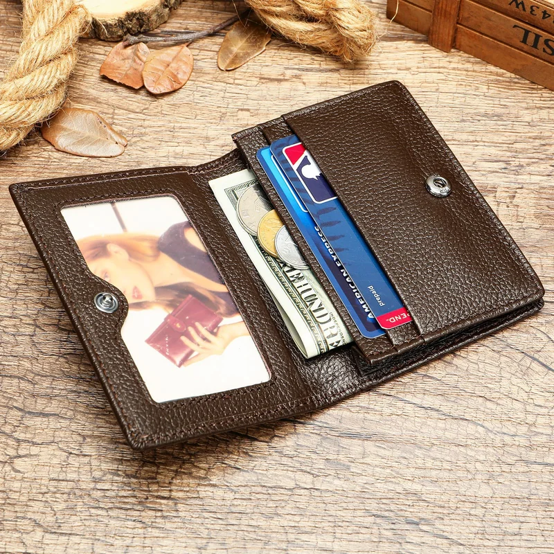Leather card holder wallet 668 open with ID window, bill compartment, and card slots