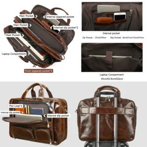 Vintage leather briefcase 7289 with three compartments and organizer pockets