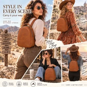 Wholesale Crazy Horse leather women's backpack 7823 brown lifestyle collage with top handle and adjustable straps