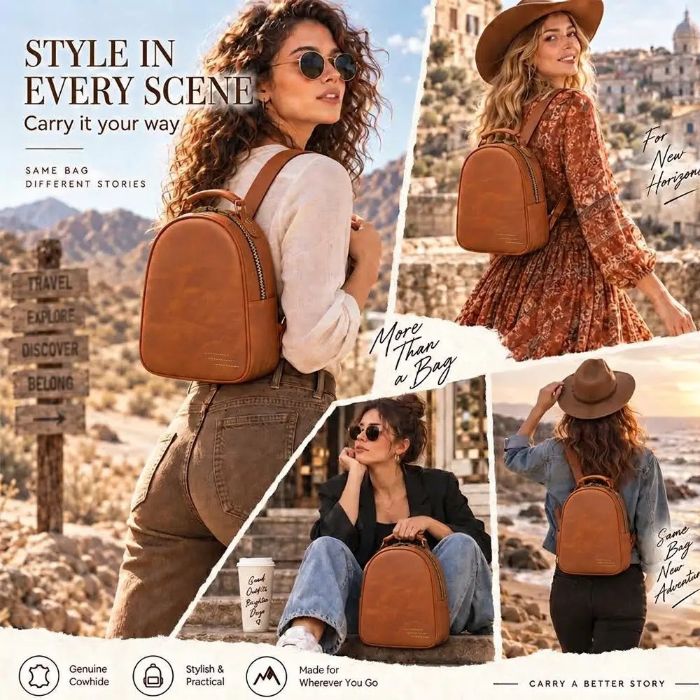 Wholesale Crazy Horse leather women's backpack 7823 brown lifestyle collage with top handle and adjustable straps