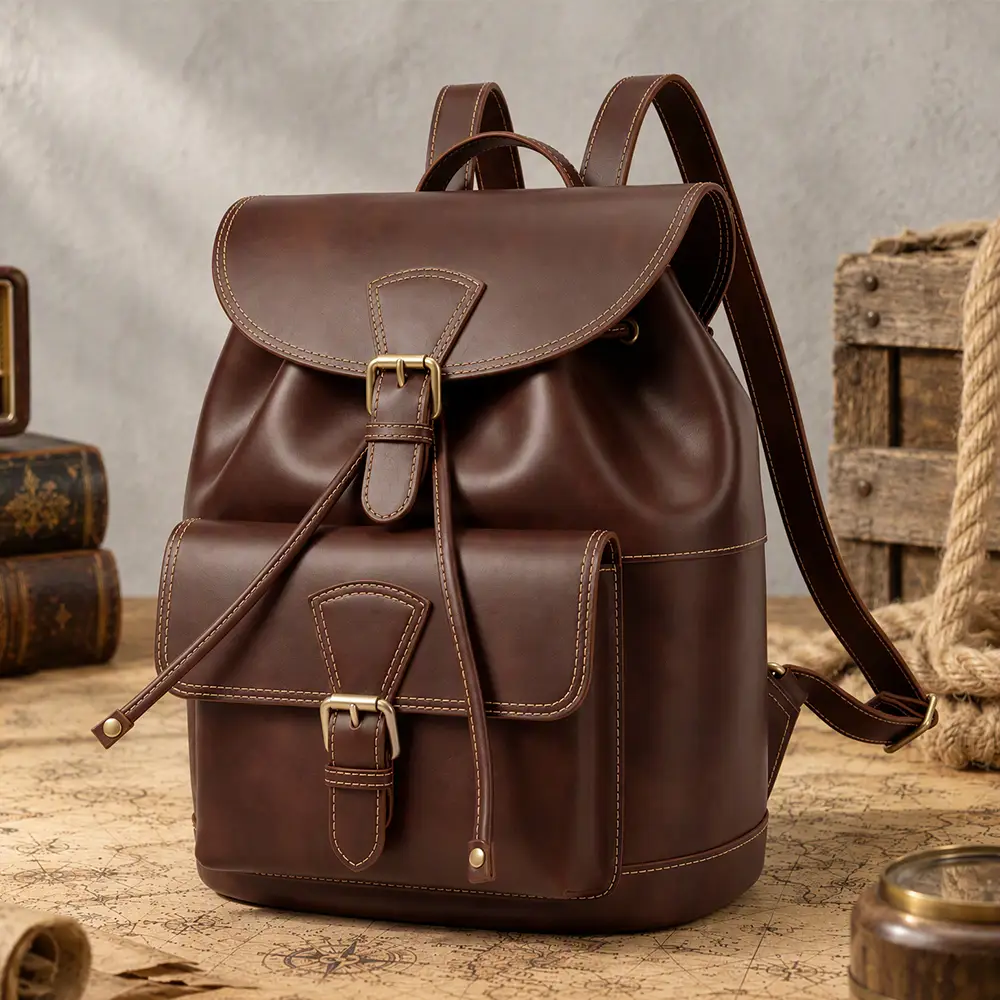 Crazy Horse leather women's buckle backpack 7827 coffee front view for wholesale buyers