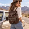 Wholesale Crazy Horse leather women's backpack 7827 coffee outdoor worn view with adjustable straps