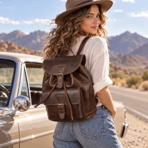Wholesale Crazy Horse leather women's backpack 7827 coffee outdoor worn view with adjustable straps