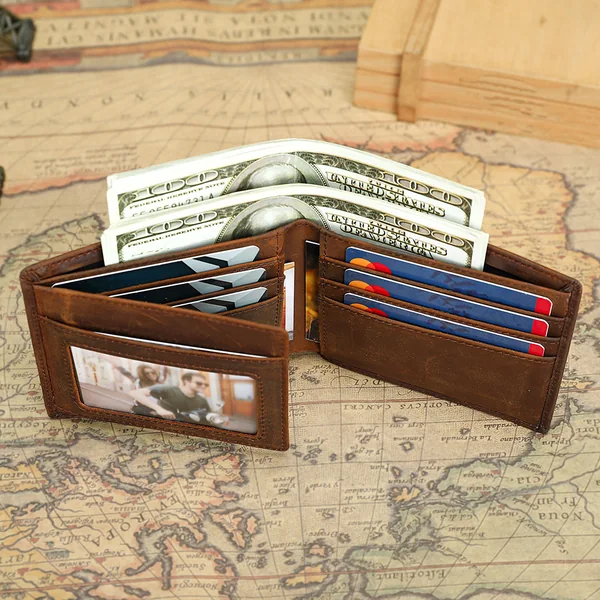 Handmade minimalist leather wallet 8808 open interior with card and photo slots
