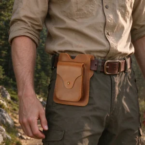 Brown Crazy Horse leather phone pouch style 9072 worn on a belt