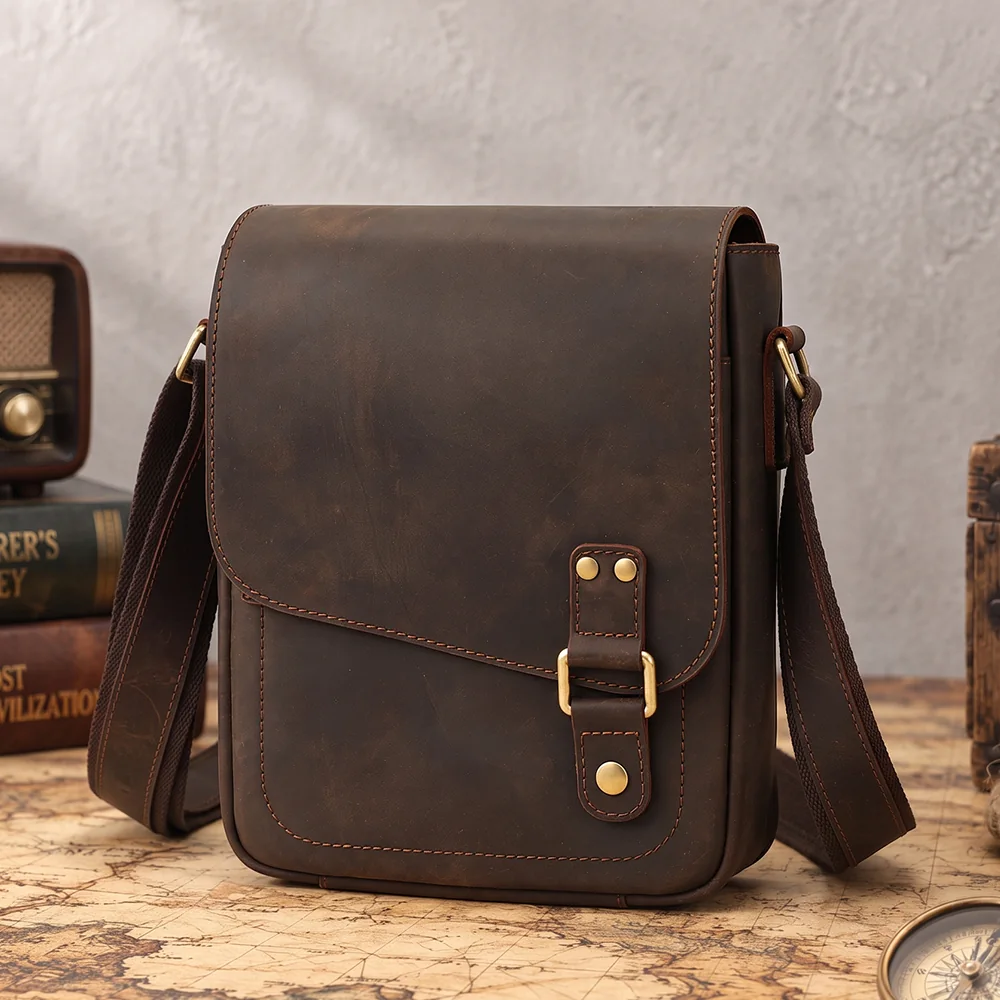 Crazy Horse Leather Messenger Bag style D6349 in Coffee