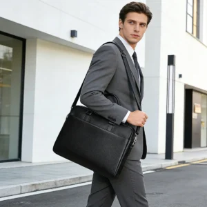 Black cowhide business briefcase style G5144 worn with shoulder strap