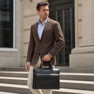 Black leather business briefcase style G5157 carried by hand