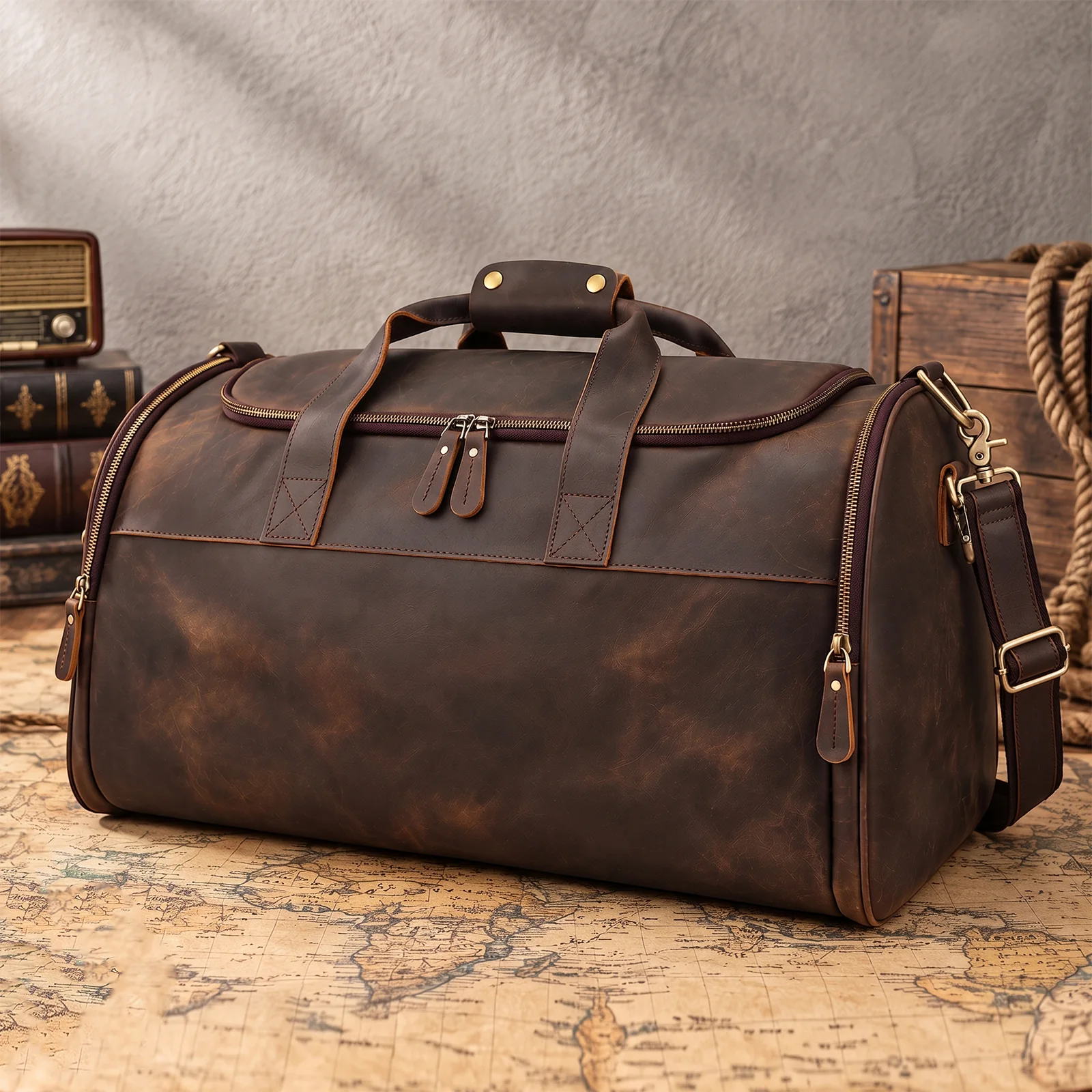 Crazy Horse leather travel duffel bag L4092 Coffee front view for wholesale buyers