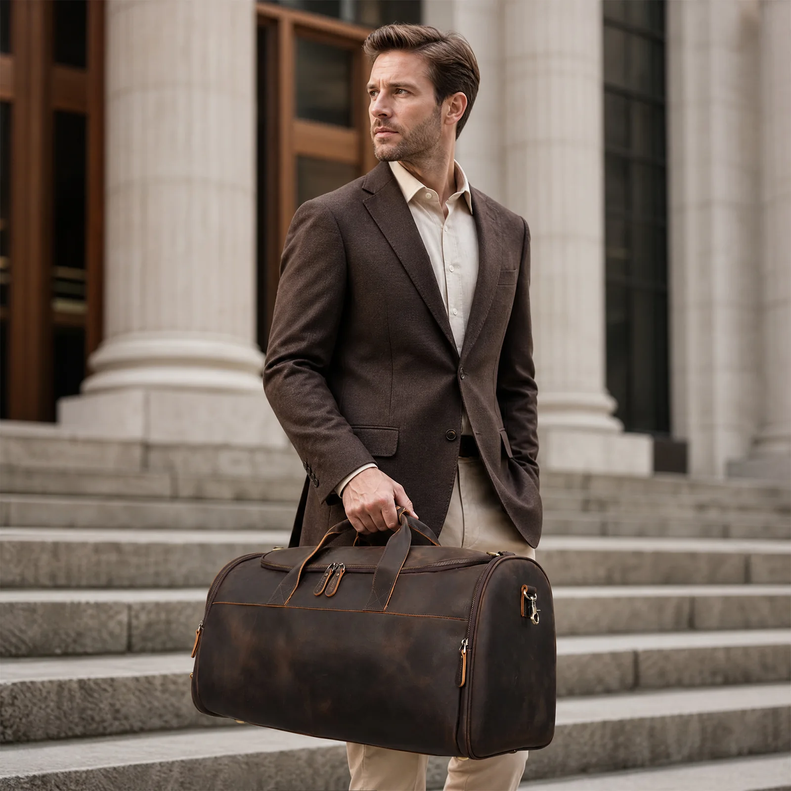Leather travel bag wholesale L4092 Coffee hand carry lifestyle view