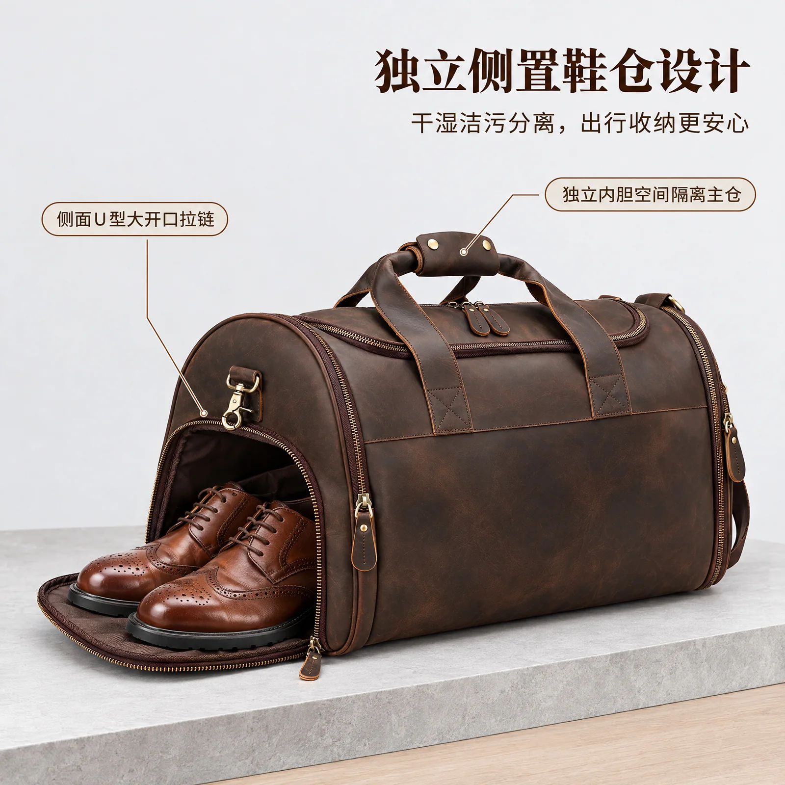Wholesale Crazy Horse leather travel duffel bag L4092 with independent shoe compartment