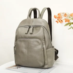 Leather women's multi-pocket backpack N7816 gray front view for wholesale buyers