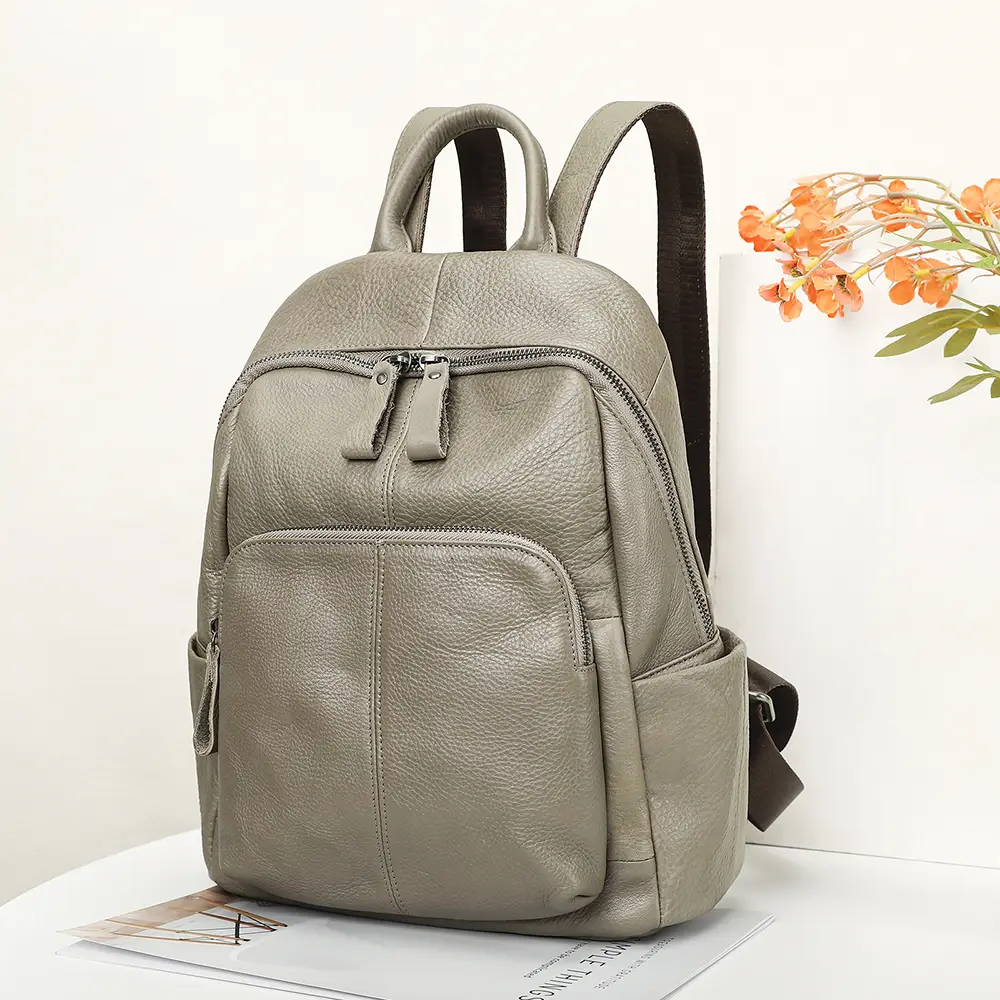 Leather women's multi-pocket backpack N7816 gray front view for wholesale buyers
