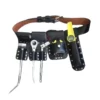 Leather tool belt with five tool holders arranged for repair tools