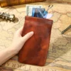 Brown eyeglass pouch Q8087 holding glasses cards and cash