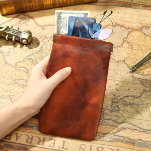 Brown eyeglass pouch Q8087 holding glasses cards and cash