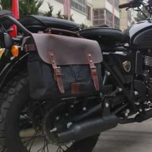 Black motor cycle saddle bags style S1002 mounted on a motorbike