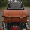 Brown leather motorcycle sissy bar bags style S1003 mounted behind a motorcycle seat