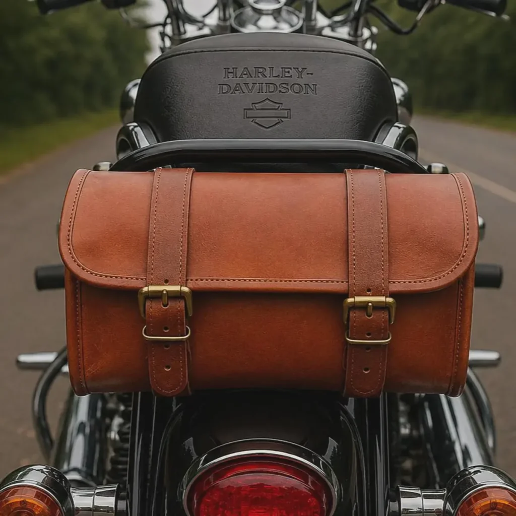 Brown leather motorcycle sissy bar bags style S1003 mounted behind a motorcycle seat